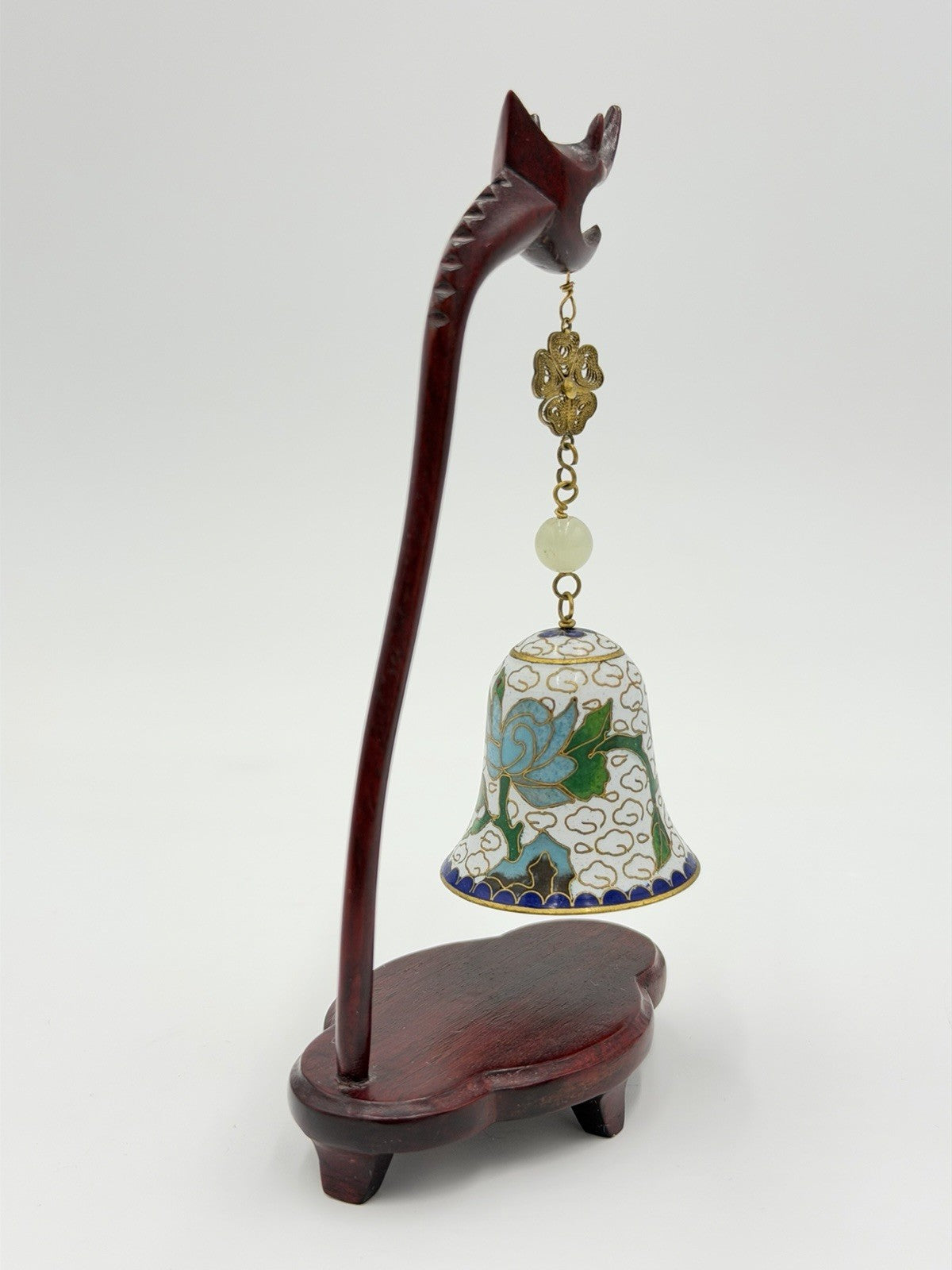 Vtg Chinese Cloisonne Enameled Bell Hanging On Wood Stand 5.75"H White Gold