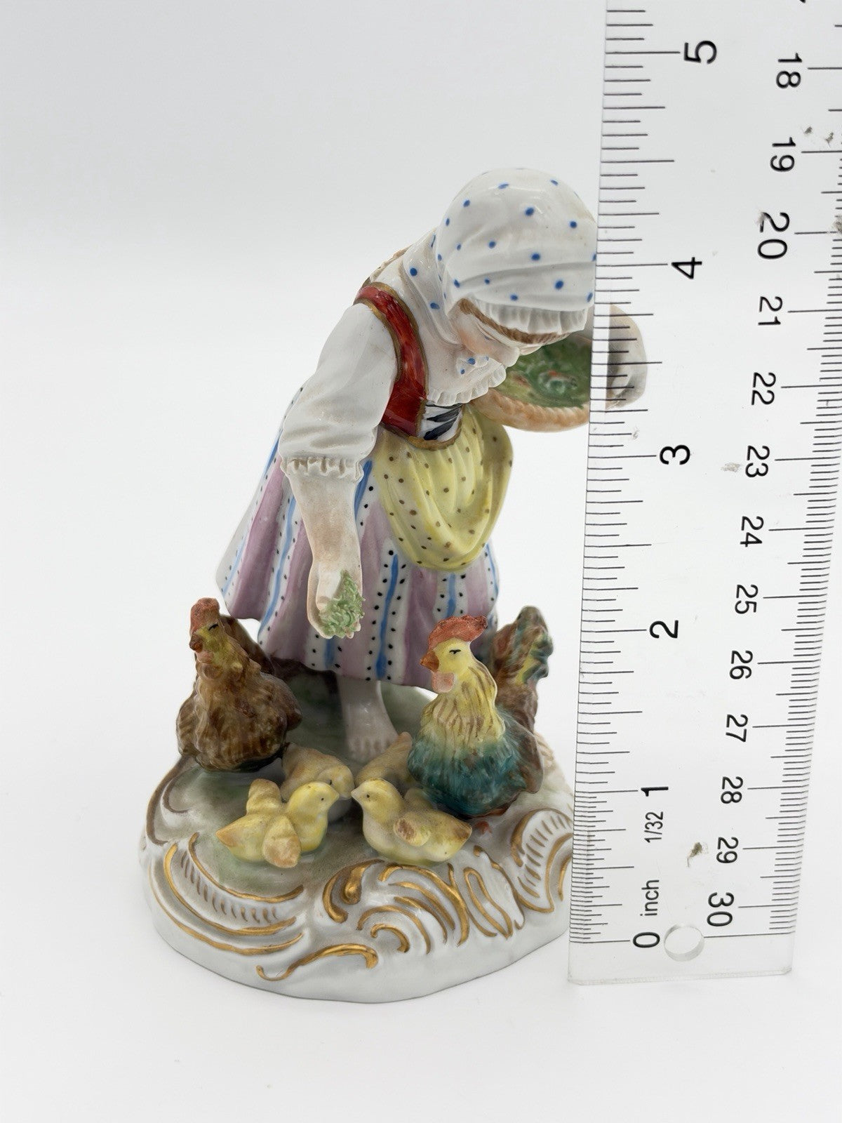 Antique Carl Thieme Dresden Germany Porcelain Painted Girl Feeding Chicken Figur