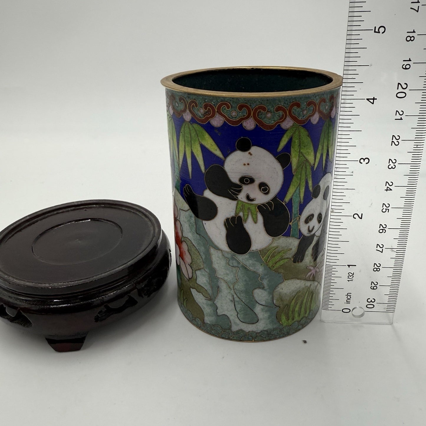 Rare Cloisone Enameled Chinese Panda Bear Bamboo Floral Vase 5.5”