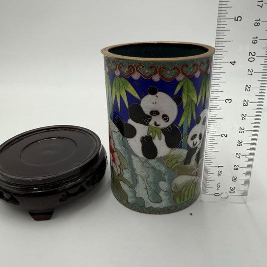 Rare Cloisone Enameled Chinese Panda Bear Bamboo Floral Vase 5.5”