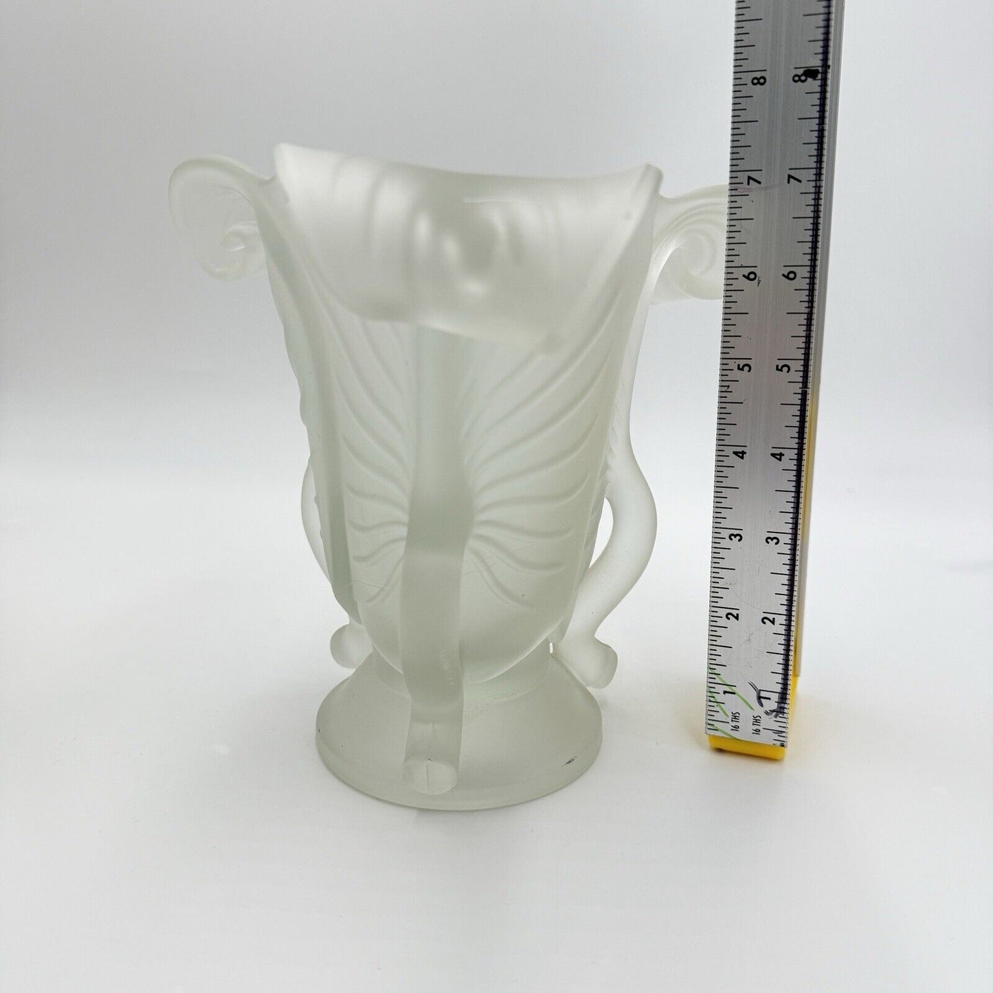 MCM Frosted Satin Art Glass 3 Leaf Pedestal ART NOUVEAU 3 Handle VASE 7” H