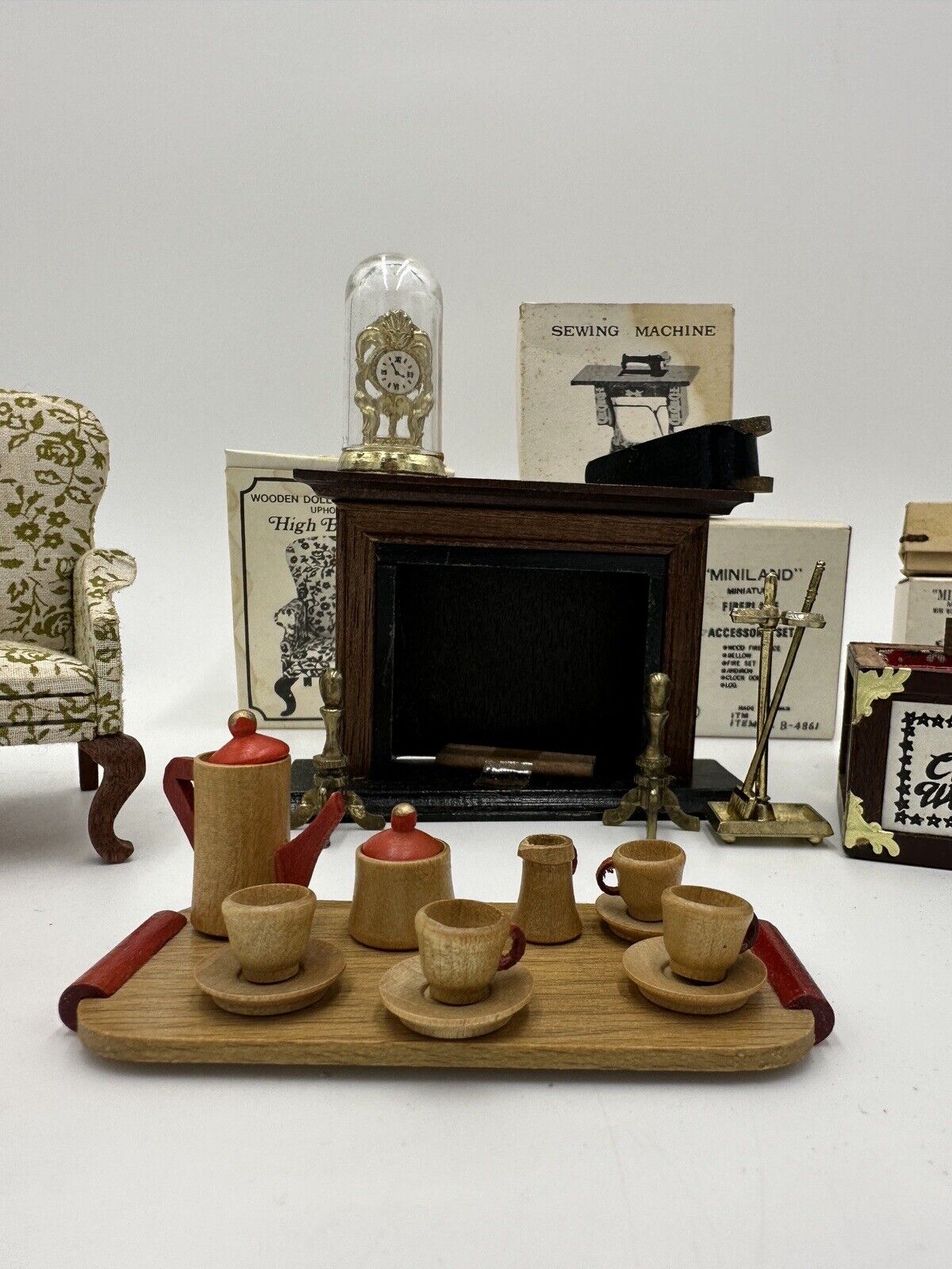 Dollhouse Furniture Lot Clock Sewing Machine Land Chest Fireplace Chair Vintage