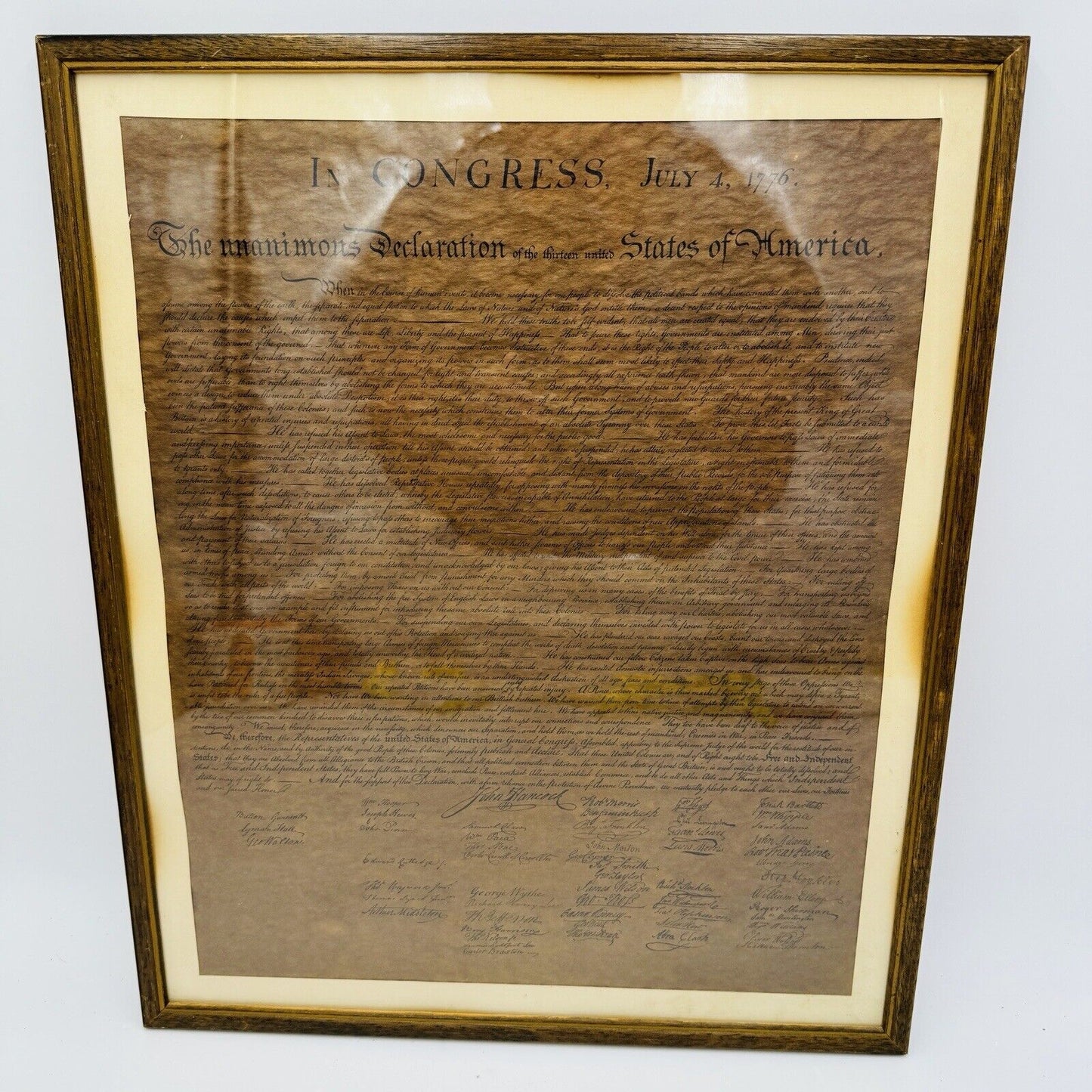 The Unanimous Declaration Of Independence Frame In Congress July 4, 1776 Replica