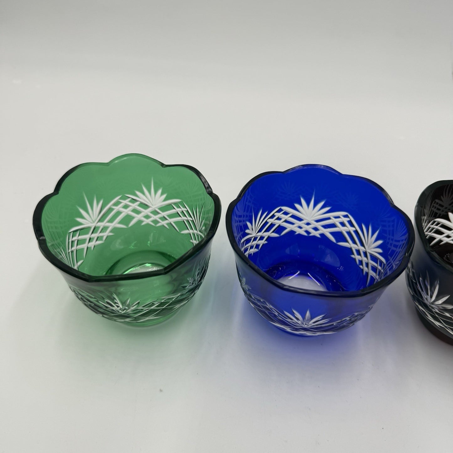 Vtg Bohemian Colored Crystal Cut  Scalloped Edge Votive Green Blue Purple 3 Pcs
