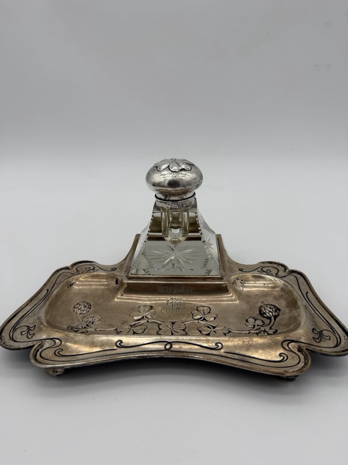 Antique Brass Art Nouveau Writing Desk  w/ Cut Glass Inkwell Embossed Shamrock