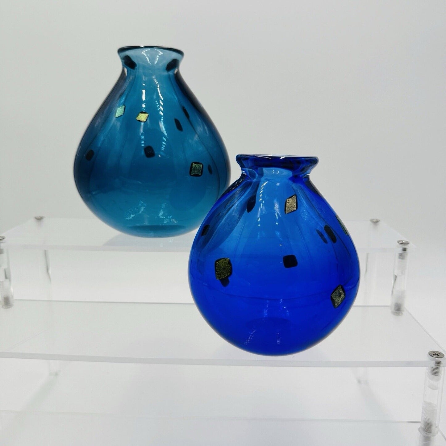 Pair Studio Art Glass Vases Cobalt Blue Gold Black Specks Signed Sharon Fujimoto