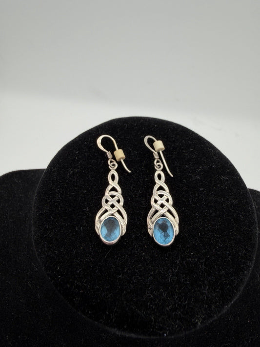 Vintage Sterling Silver & Blue Topaz Scottish Celtic Drop Dangle Earrings