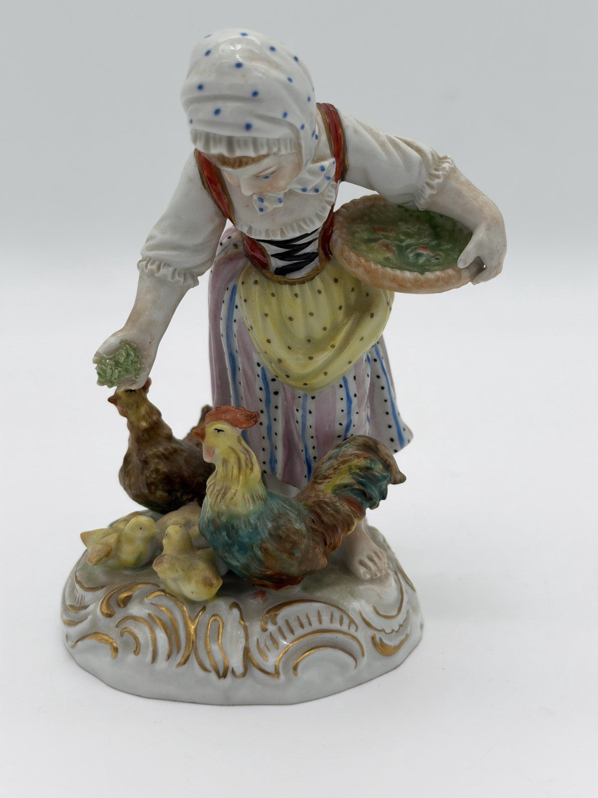 Antique Carl Thieme Dresden Germany Porcelain Painted Girl Feeding Chicken Figur