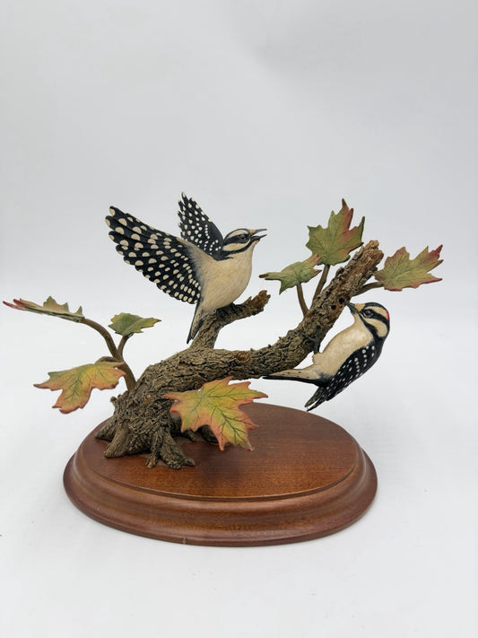 Danbury Mint Autumn Wonder Downy Woodpeckers Figurine Bob Guge Wood Base