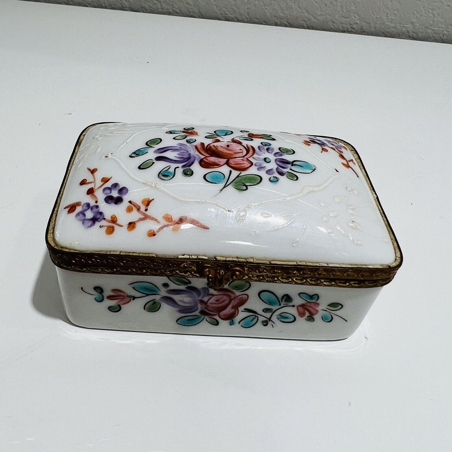 French Trinket Box Porcelain Floral Decoration Made In France with Lid Antique