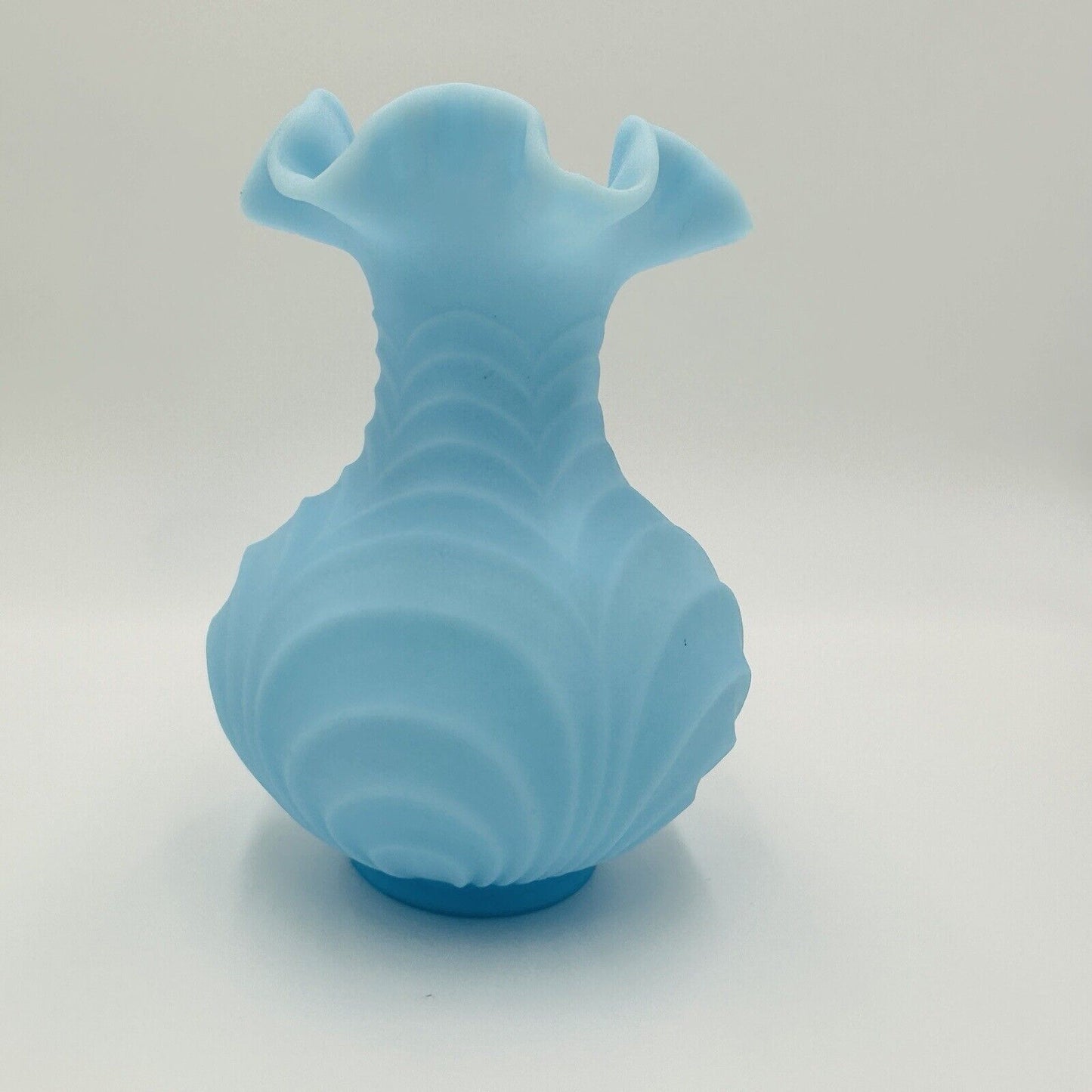 Fenton Vase Powder Blue Drapery Style Ruffled Satin Glass Top Large Vintage