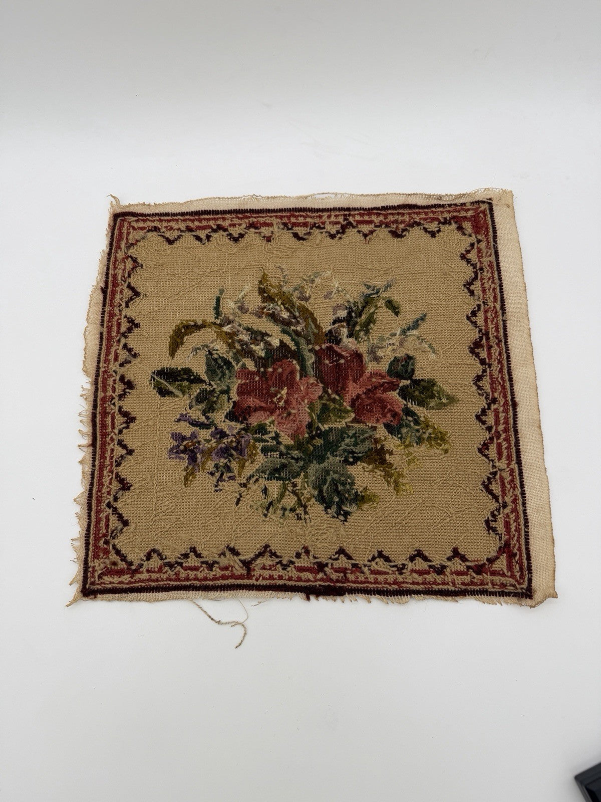 Antique Needlepoint Embroidery Victorian Roses Wool Embroidery panel top 12”x12”