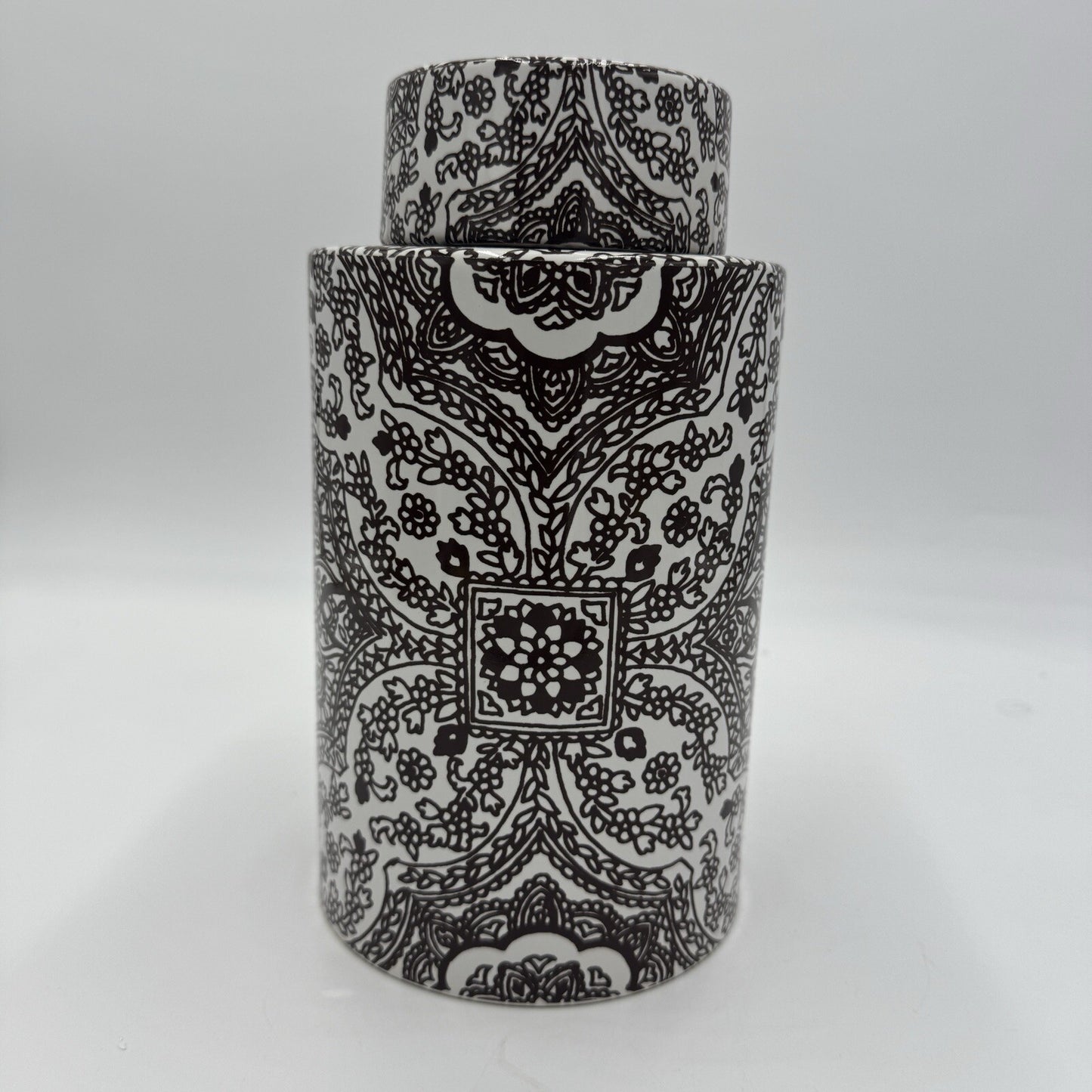 Pottery Barn Ceramic Brown/ White Floral Paisley Decor Canister Ginger Jar 9in