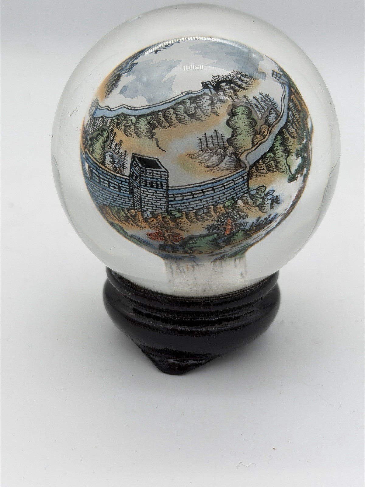 Chinese Reverse Painted Great Wall Art Glass Crystal Ball Sphere Signed 3.5”