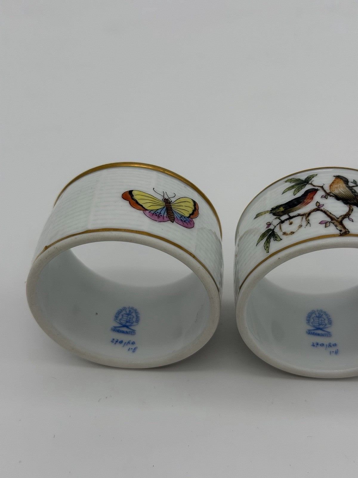 Herend Hungary Rothschild Napkin Rings Porcelain Vintage Painted Birds Butterfly