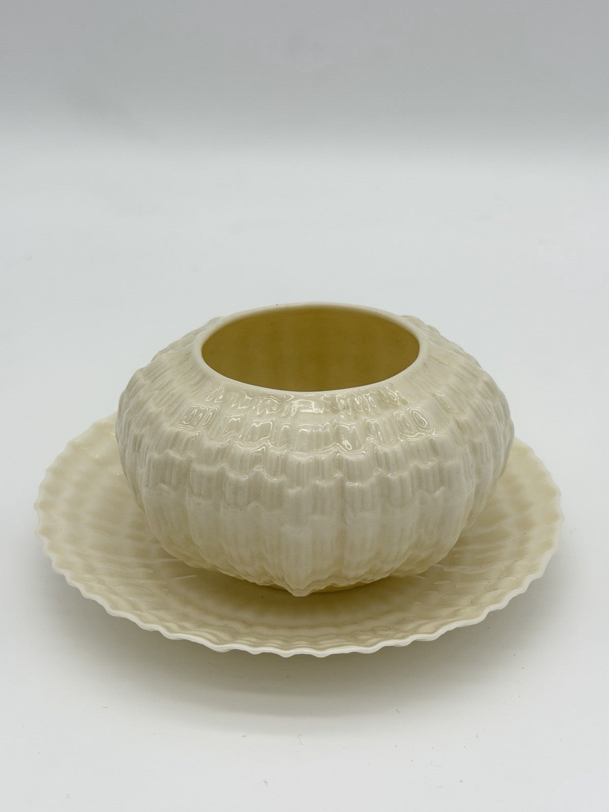Belleek Ireland Tridacna Open Sugar Bowl & Saucer Sea Shell Porcelain Set 2 PCs