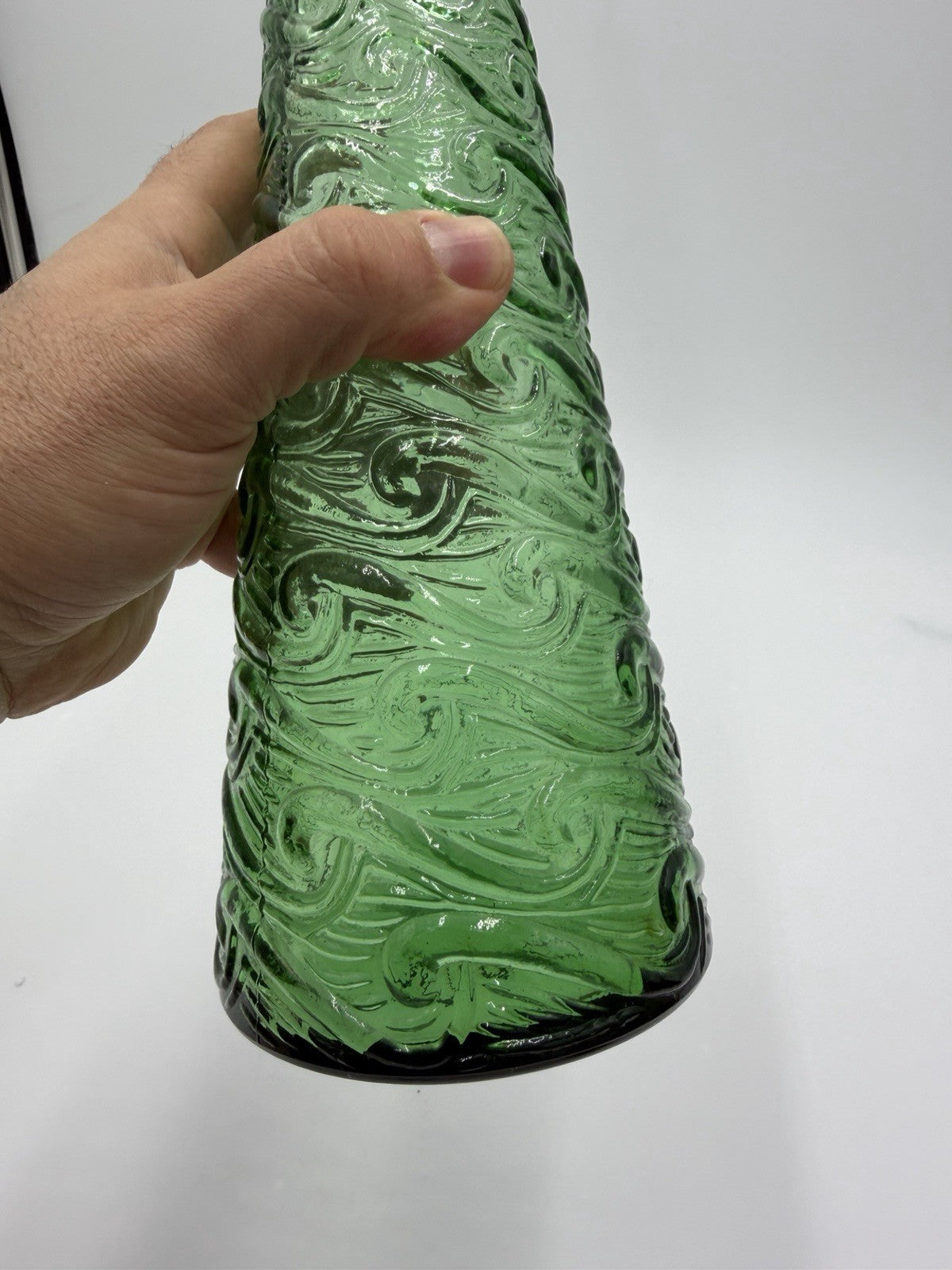 MCM Empoli Art Glass Green Wave Genie Bottle Decanter Hobnail Stopper Italy