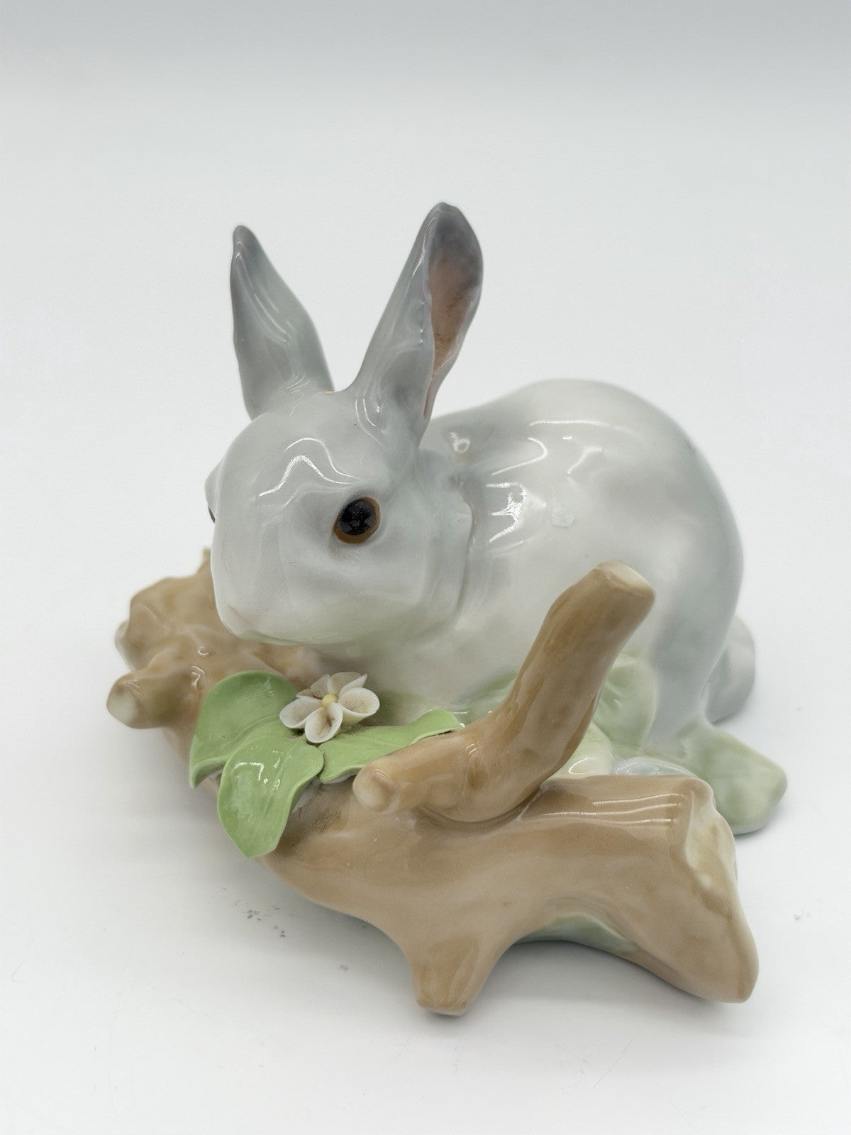 Lladro Spain Porcelain Bunny Rabbit Eating On Branch Gray /white Figurine Vintag