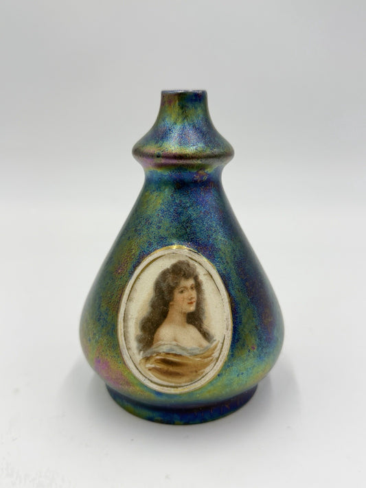 Heliosine Art Nouveau Austrian Iridescent Portrait Cameo Woman Vase 4.5” Antique