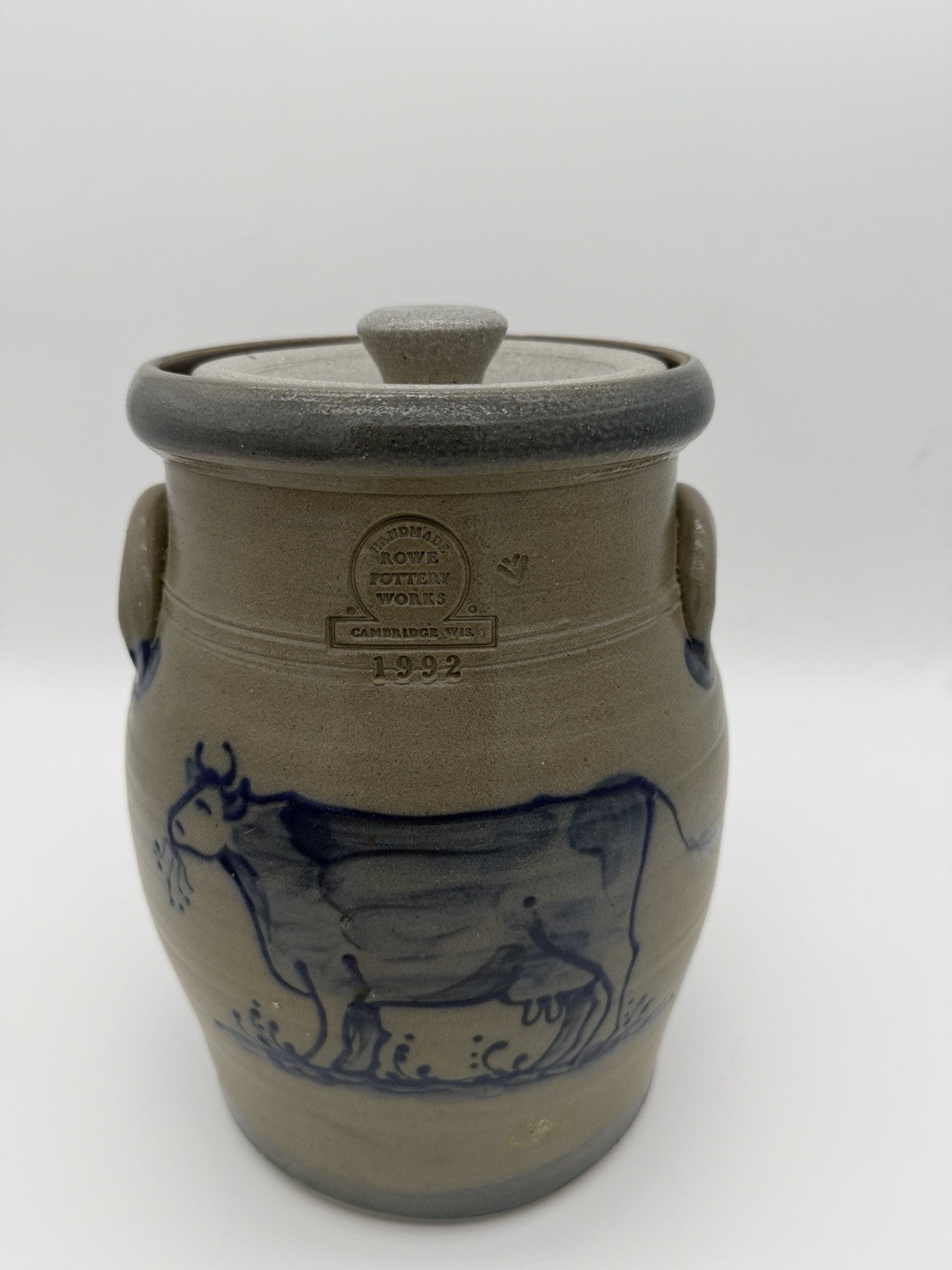 Rowe Pottery Works Lidded Canister Cow Salt Glaze Stoneware 10.75” Gallon 1990
