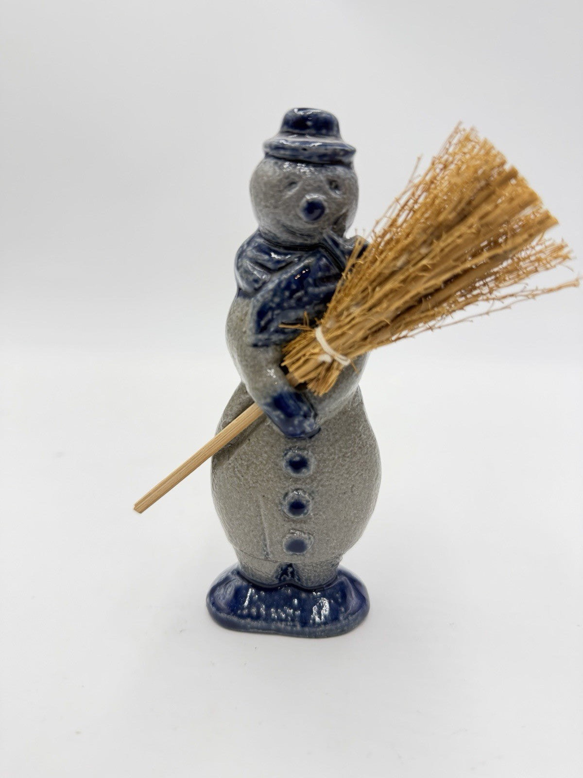 Vintage Rowe Pottery Salt Glazed Snowman W/broom 1996 Christmas Figurine 5”