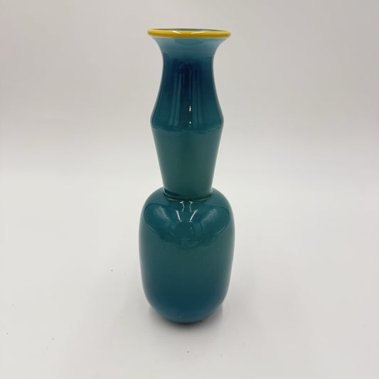 studio PARAN Hand blown Art glass vase aqua color 7.5” Signed Yellow Rim 2002