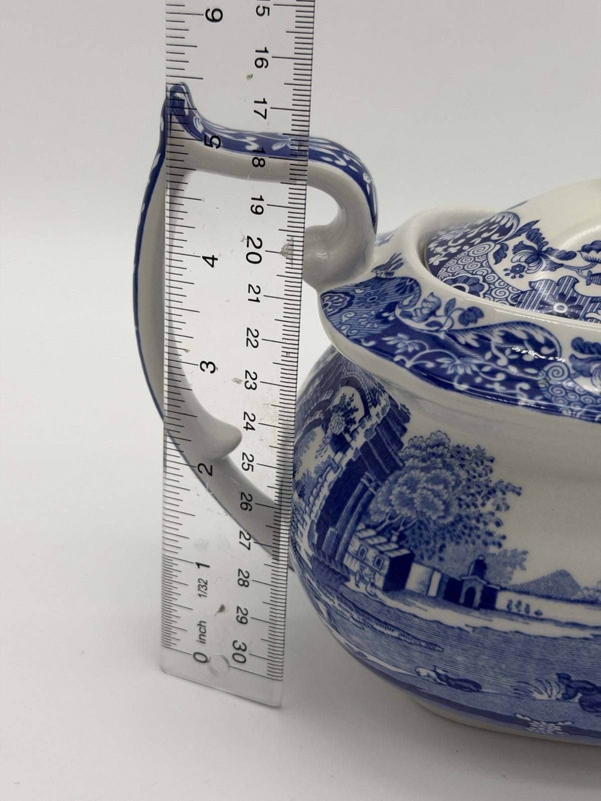 Large Spode England Porcelain Italian Blue & White Teapot 17/A4 Scenic 10”x5”
