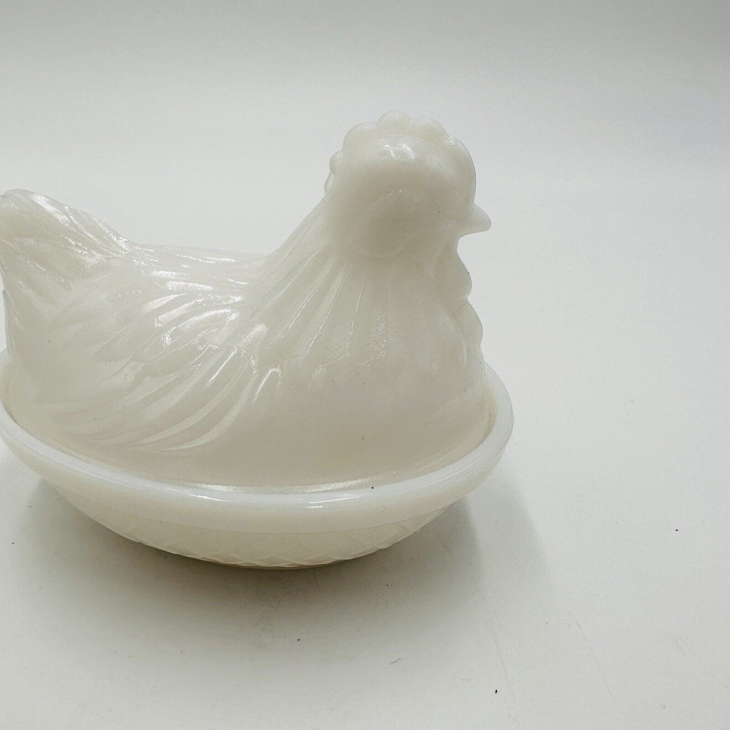 Chicken on Nest Candy Dish Hazel Atlas Platonite Milk Glass Hen 4 1/2" Lid White