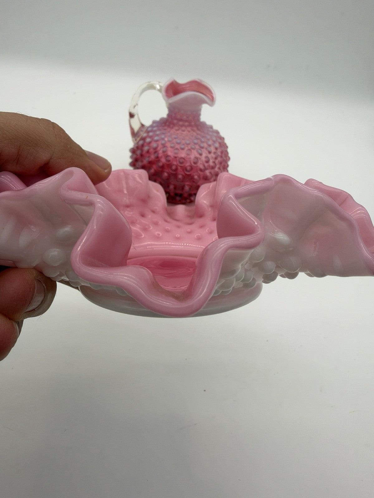Vtg Fenton Art Glass Cranberry Opalescent Hobnail Ruffled Bowl & Pitcher