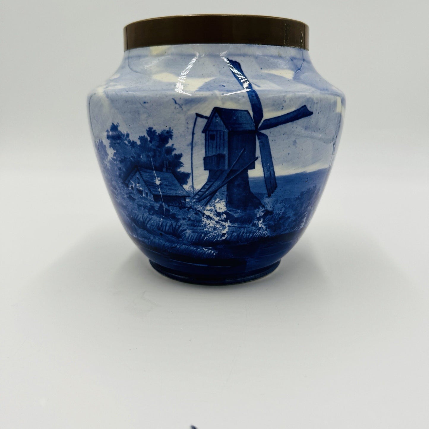 Rare Delft White & Blue Pottery Dutch Bronze Rim Nautical Antique Unmarked 6in H