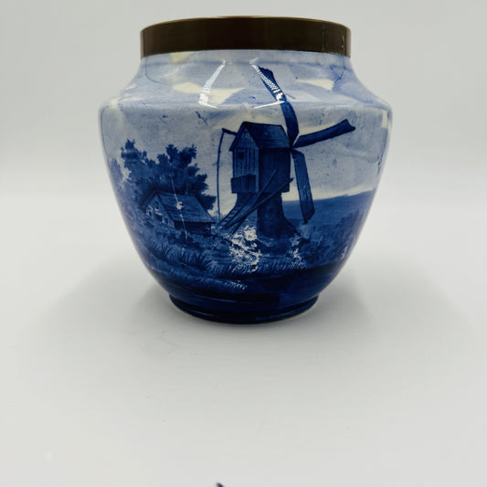 Rare Delft White & Blue Pottery Dutch Bronze Rim Nautical Antique Unmarked 6in H