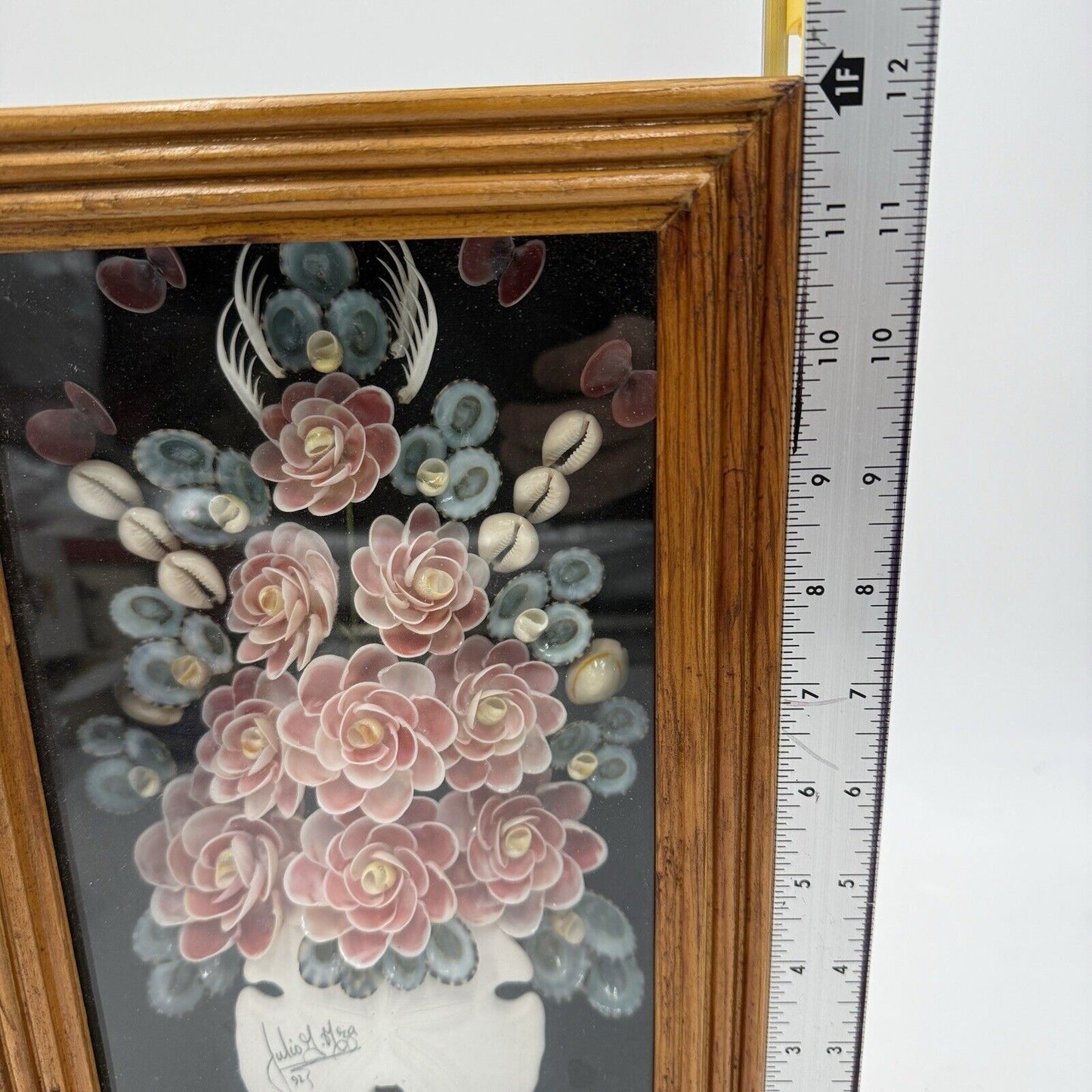 Julio G Meza Seashells Shell Roses Bouquet Art Frame Glass Display Wooden  1992