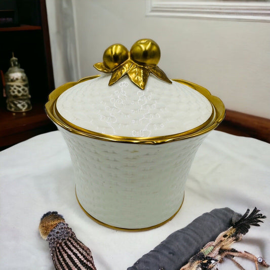 Noritake Studio Collection Canister Porcelain Basket White Gold Trim Japan Candy