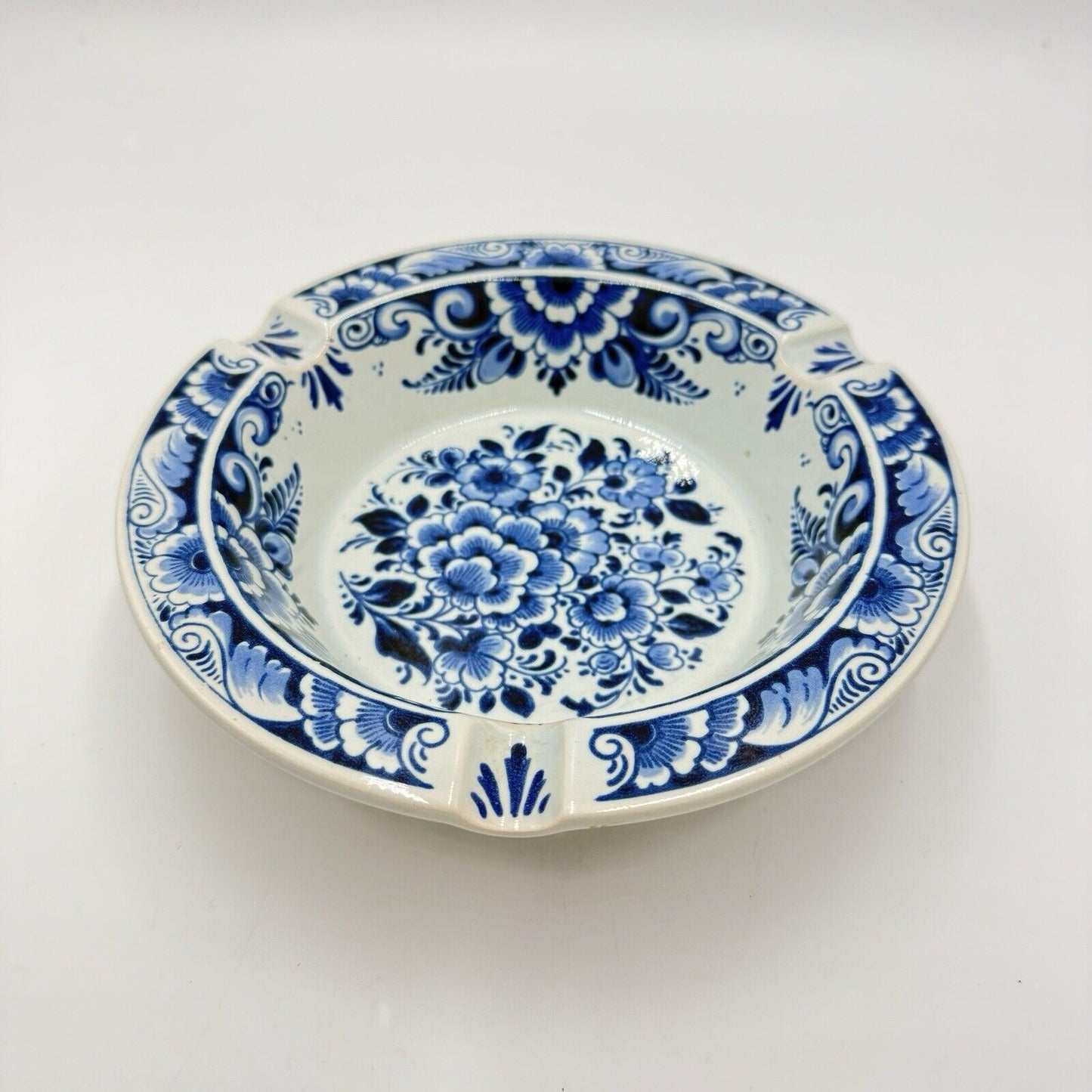 Vintage Delft Blue White Pottery Ashtray Painted Floral Porcelain Bowl Holland