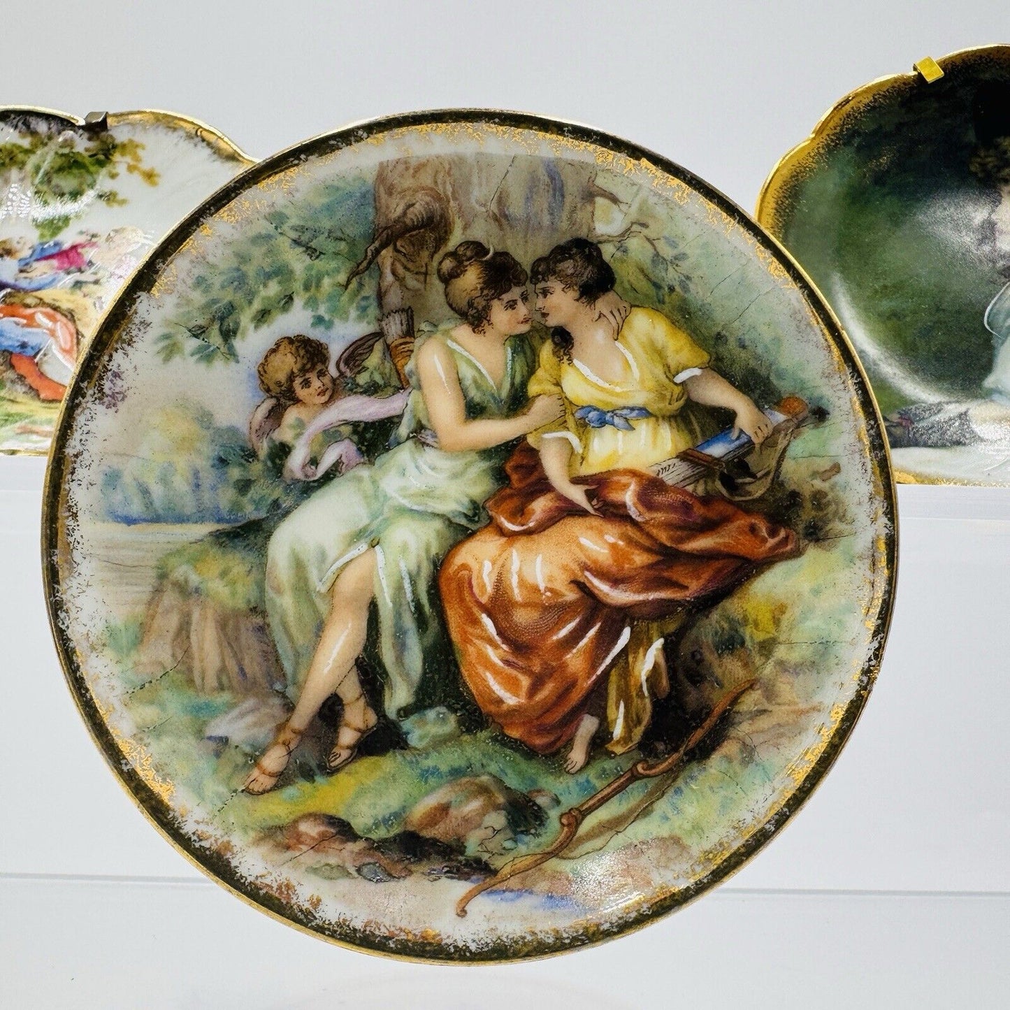 Limoges France Porcelain Painted Miniatures Plates 3.5” Portraits Romantic 3 Pcs