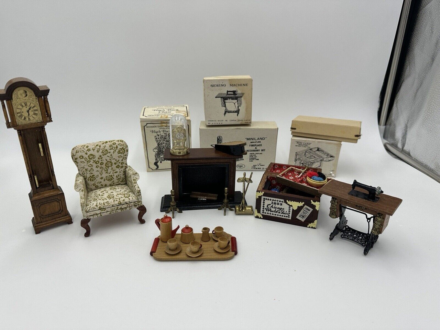 Dollhouse Furniture Lot Clock Sewing Machine Land Chest Fireplace Chair Vintage