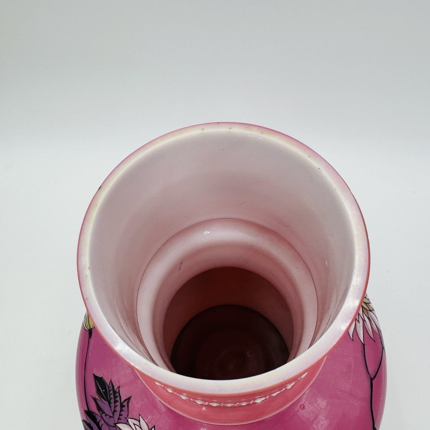 Victorian Aesthetic Pink Opaline Glass Vase Roosters Fighting Daisies Large Rare