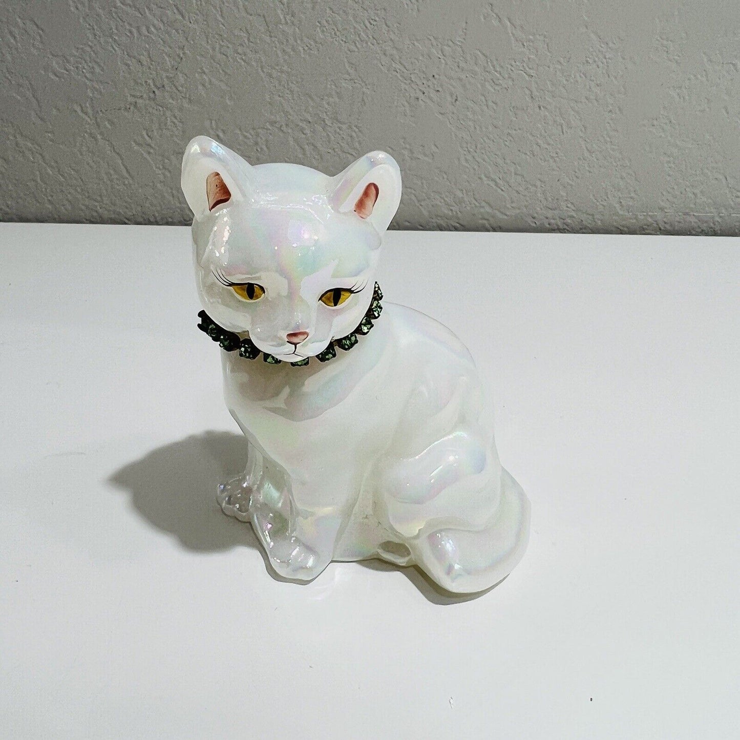 Fenton Cat Figurine May Birthstone Art Glass Iridescent White Signed by Artist