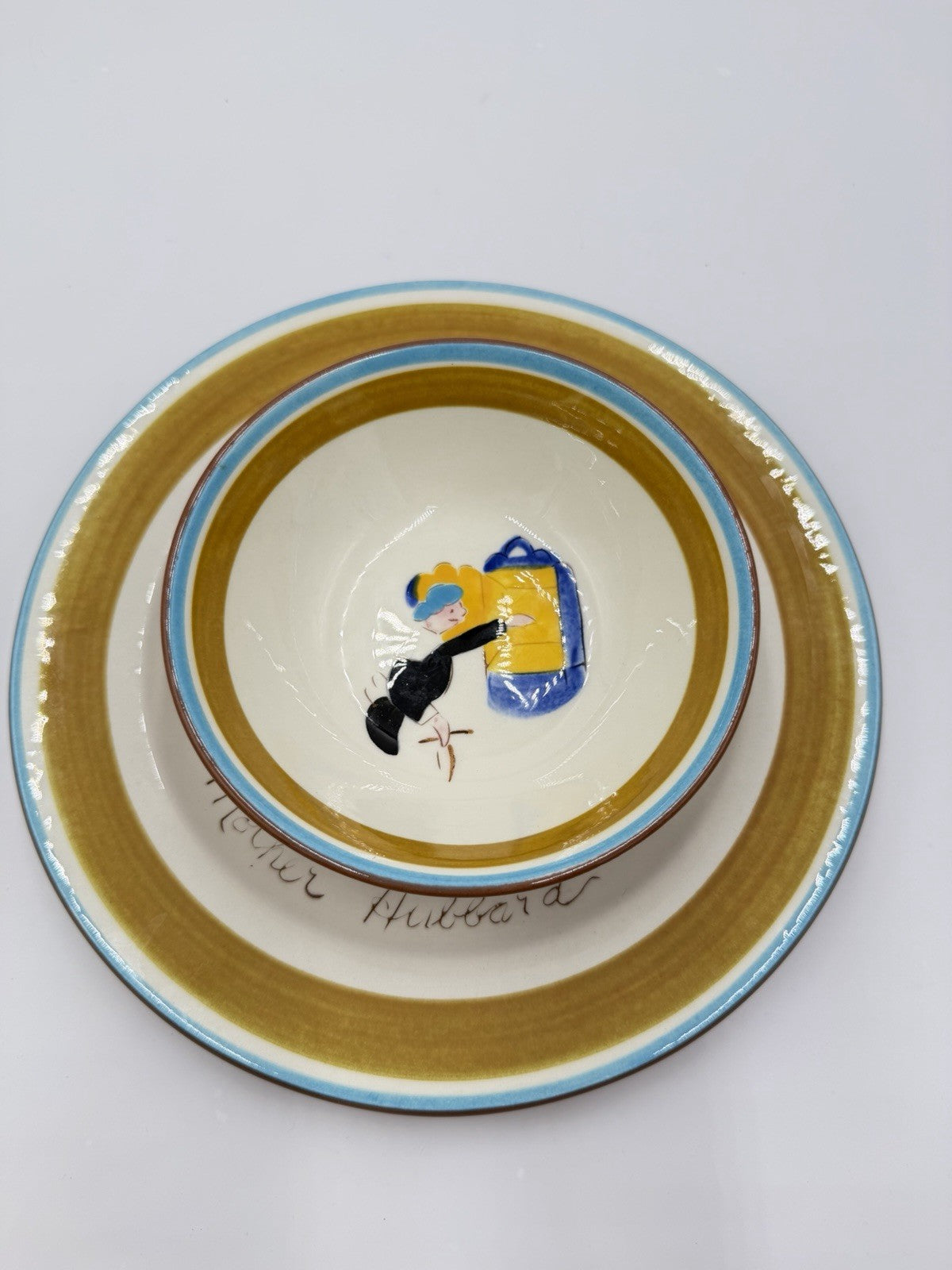 1960's Stangl Pottery kiddieware dinner plate & Bowl MOTHER HUBBARD Painted