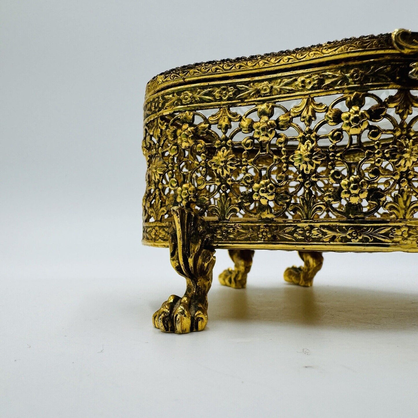 French Beveled Glass Gold Filigree Ormolu Jewelry Casket Box Claw Foot Vintage