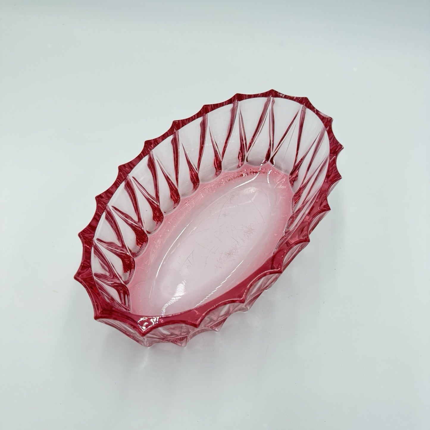 Vintage Fostoria Art Glass Pink Faceted Oval Bowl # 189 MCM 1960 Measure 9" x 3"