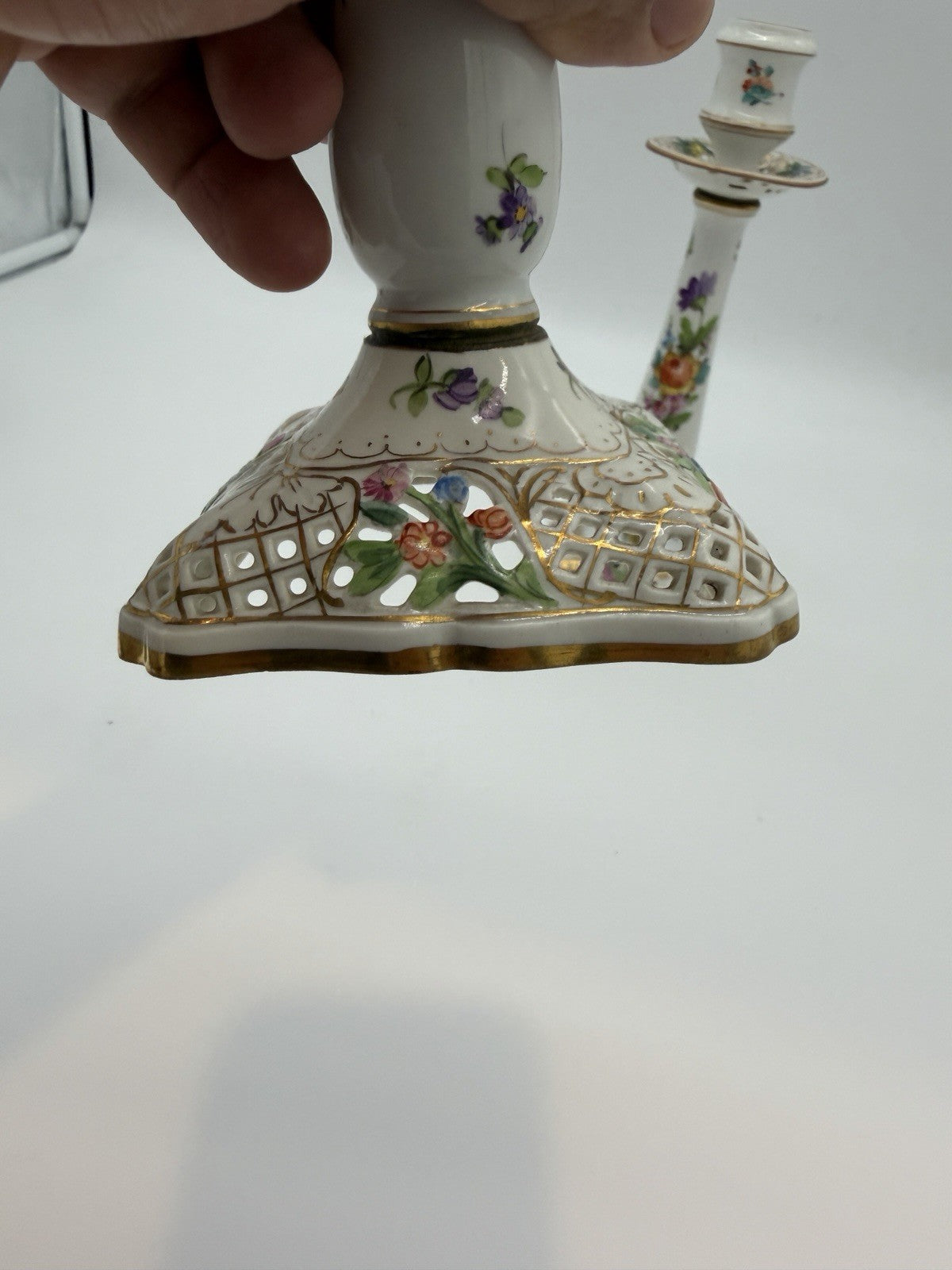 Antique  Dresden Porcelain Carl Thieme Saxony Reticulated 10" Candlestick Floral