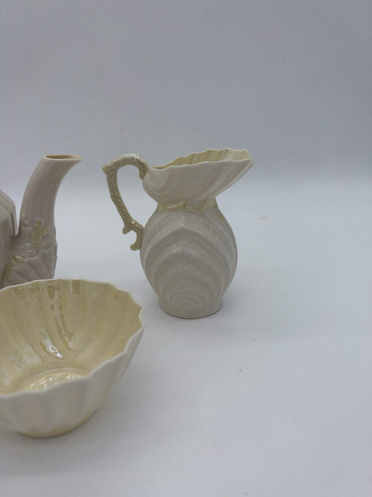 Belleek Ireland Limpet Shell Pattern Teapot Creamer &sugar Bowl 2nd Green Mark
