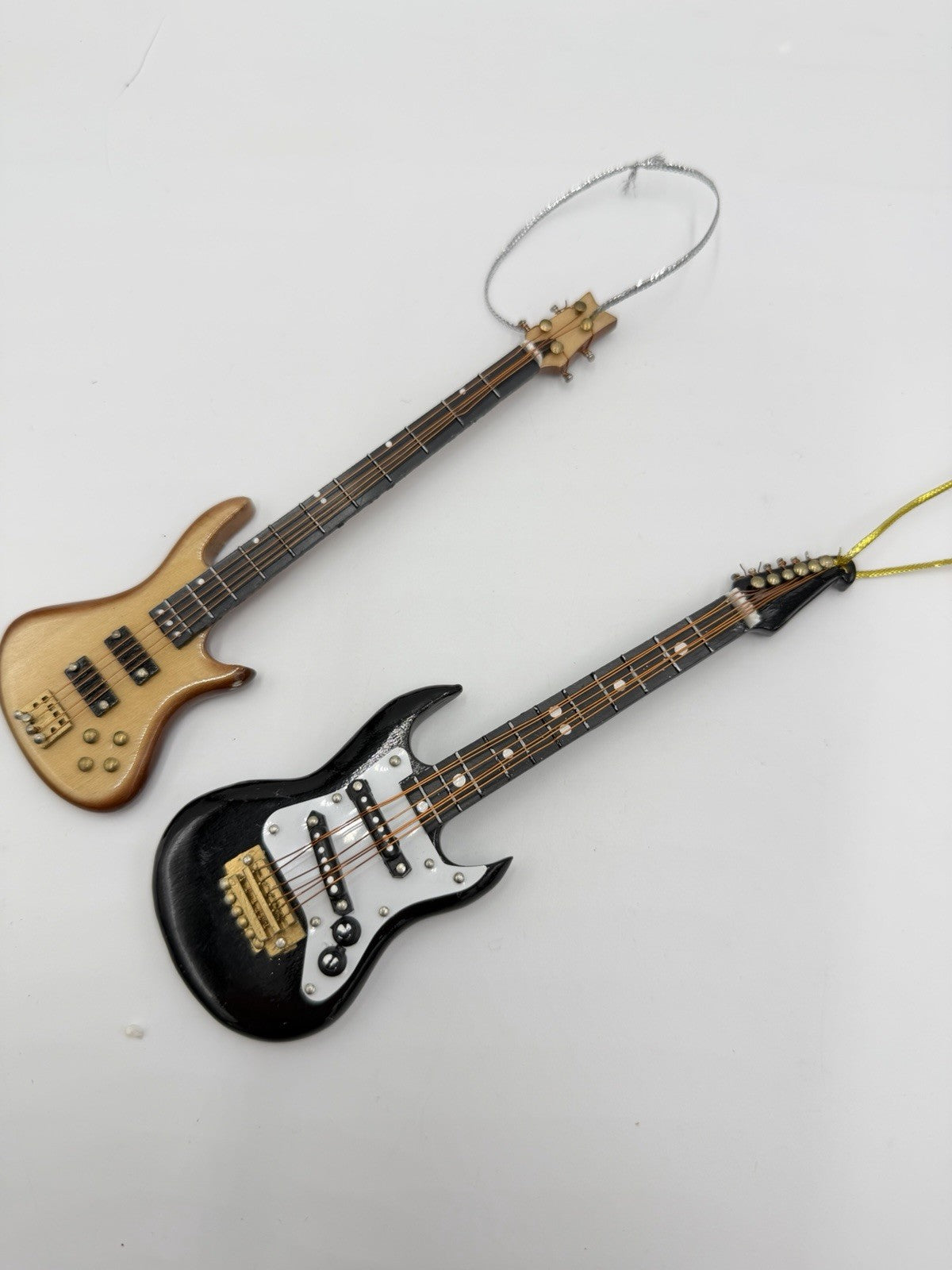 Folk Art Wooden Miniature Electric Guitar & Bass Christmas Ornaments 5”