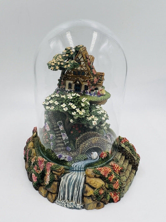 Franklin Mint Figurine Cobblestone Bridge Cottage Glass Dome Hand-Painted Decor