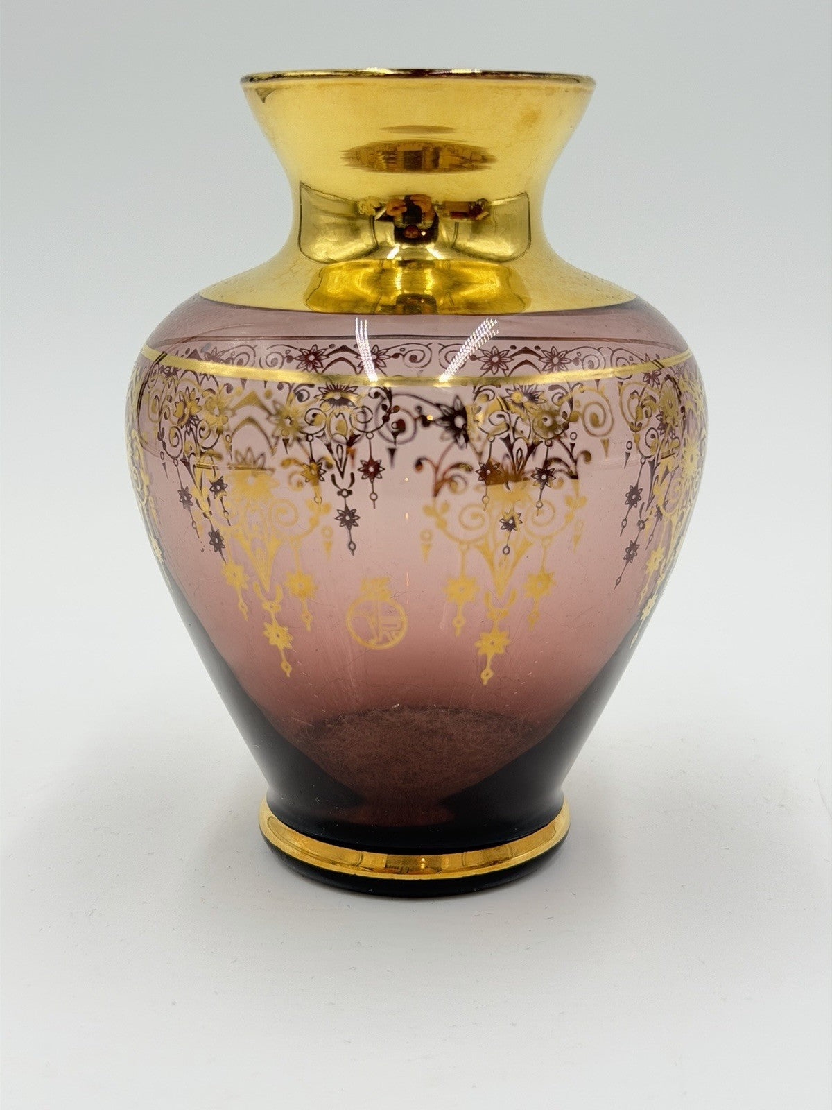 Ferro & Lazzarini Murano Italy Art Glass  Purple Amethyst 22K Gold Inlay 5”H