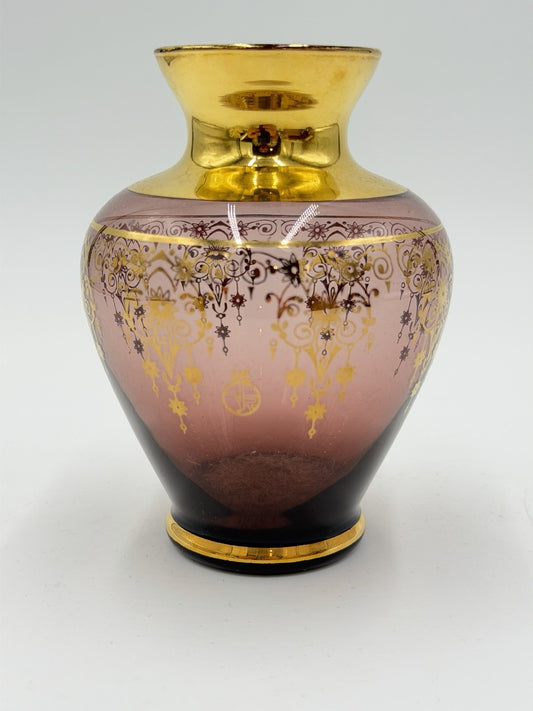 Ferro & Lazzarini Murano Italy Art Glass  Purple Amethyst 22K Gold Inlay 5”H