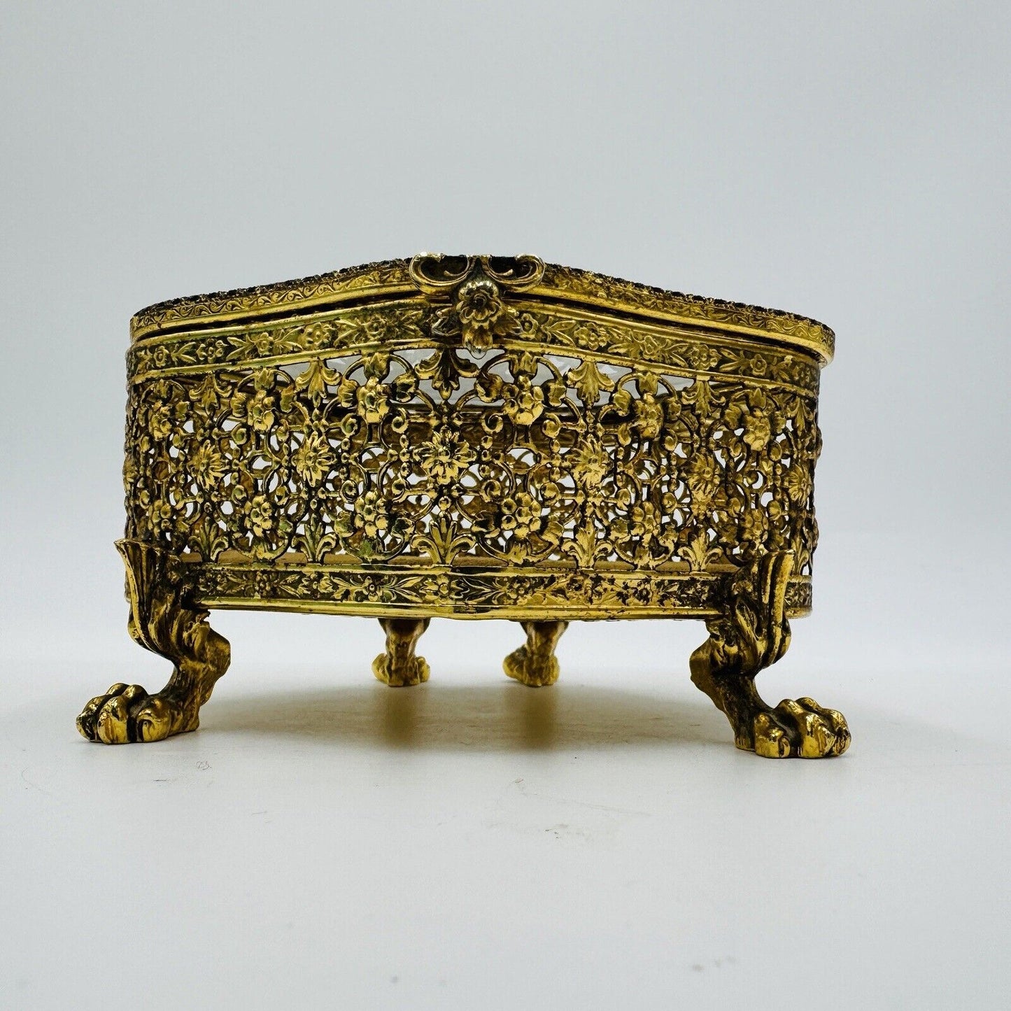 French Beveled Glass Gold Filigree Ormolu Jewelry Casket Box Claw Foot Vintage