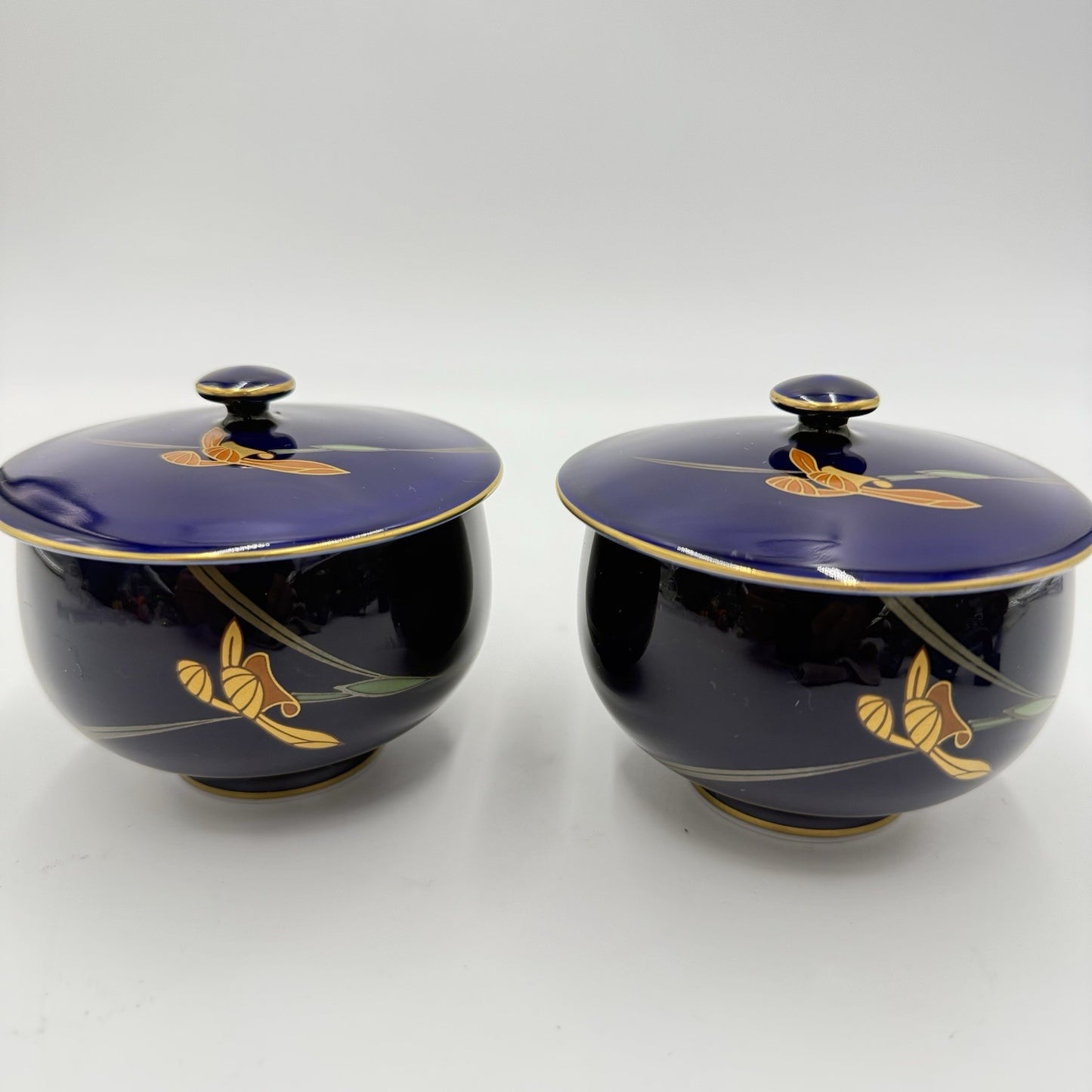 Arita Ware Retro Koransha Lapis Gold Tea Cups With Lid Blue Cobalt Porcelain