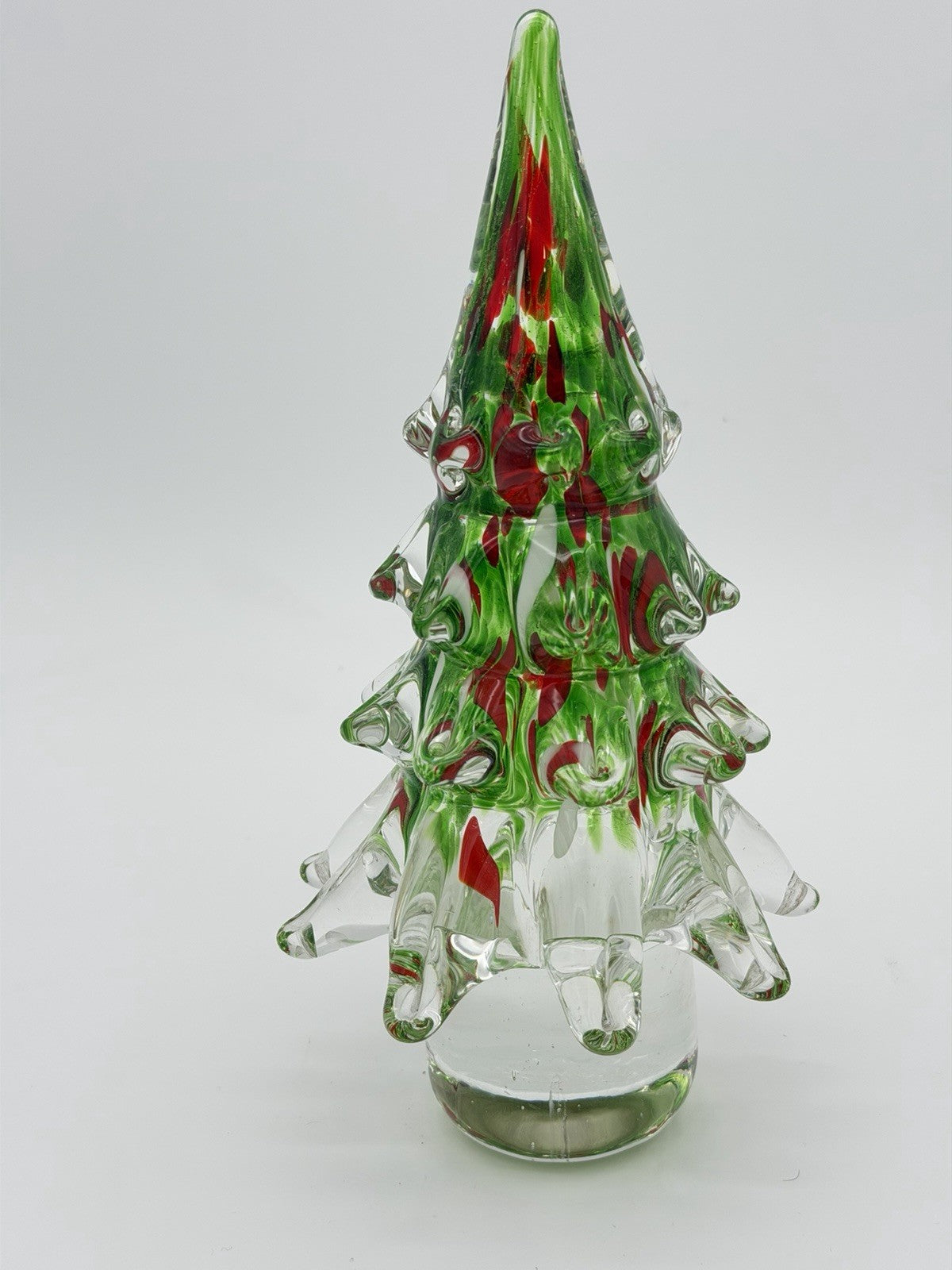 Vtg Hand Blown Art Glass Christmas Tree 9.5”H Green & Red Paperweight Figurine
